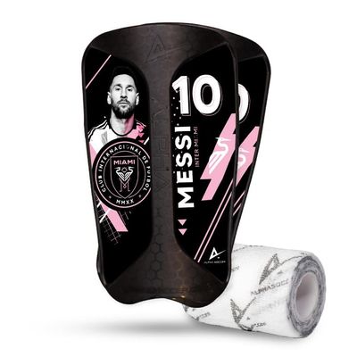 Alpha Soccer Shin Guards - Soccer Protective Gear, Lightweight Shin Guard Set with Alpha wrap (S/M, Messi Inter Miami Stickers)
