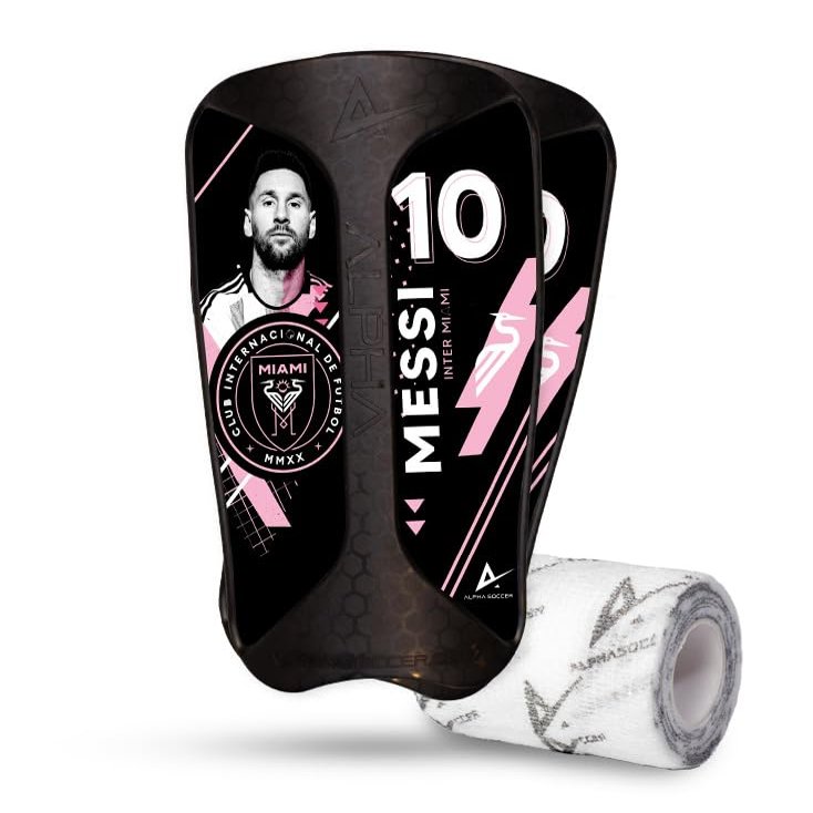 Alpha Soccer Shin Guards - Soccer Protective Gear, Lightweight Shin Guard Set with Alpha wrap (S/M, Messi Inter Miami Stickers)
