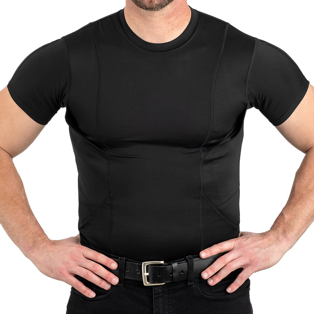 CCW Tactical Concealed Carry Holster Shirt | Quick Access Open Pocket with Large Storage | All Season Moisture Wicking Compression Shirt | Mens Crew, Black XXL