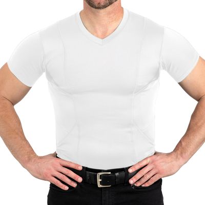 CCW Tactical Concealed Carry Holster Shirt | Quick Access Open Pocket with Large Storage | All Season Moisture Wicking Compression Shirt | Mens V-Neck, White 3XL