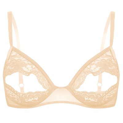 YOOJIA Women Soft Sheer Lace Mesh Floral Lingerie Underwear Nipple Split Unlined Bra Top Nude Large