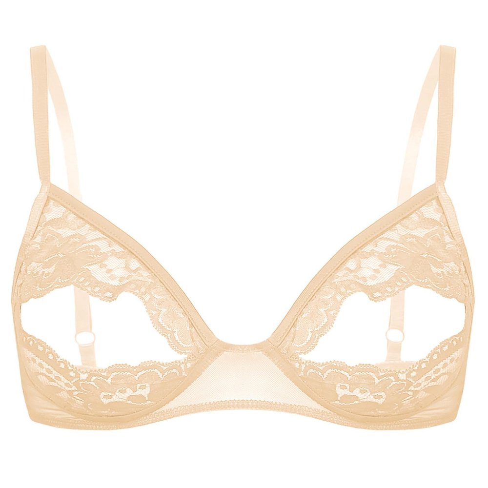 YOOJIA Women Soft Sheer Lace Mesh Floral Lingerie Underwear Nipple Split Unlined Bra Top Nude Large