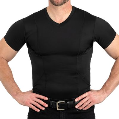 CCW Tactical Concealed Carry Holster Shirt | Quick Access Open Pocket with Large Storage | All Season Moisture Wicking Compression Shirt | Mens V-Neck, Black 3XL