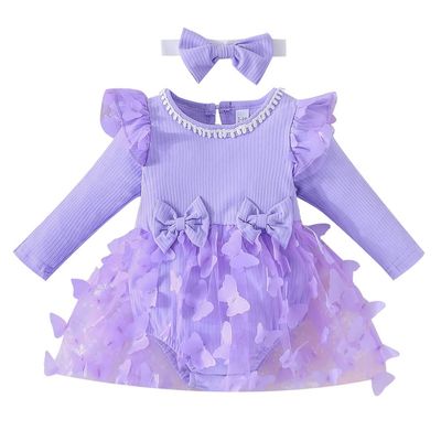 ABEWIP Baby Girls Fall Winter Long Sleeve Butterfly Tulle Romper Dress Ribbed Ruffle Tutu Skirt Princess Birthday Party Outfits Purple 6-9Months