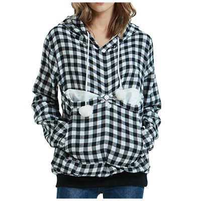 Pet Pouch Plaid Hoodie Women Long Sleeve Fleece Kitten Puppy Holder Carrier Sweatshirt Winter Fall Fashion Streetwear Black