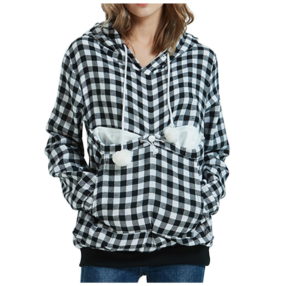 Pet Pouch Plaid Hoodie Women Long Sleeve Fleece Kitten Puppy Holder Carrier Sweatshirt Winter Fall Fashion Streetwear Black