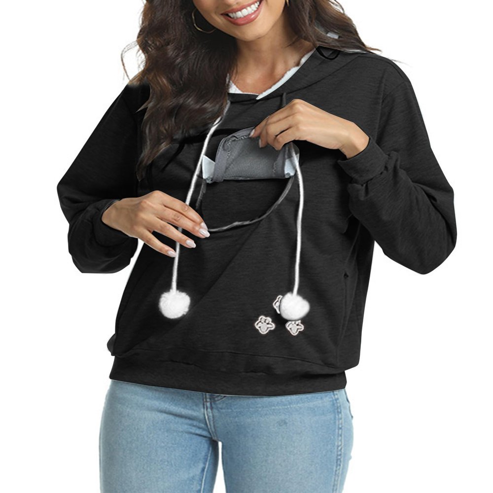 XUNRYAN Pet Pouch Hoodie Womens Long Sleeve Fleece Kitten Puppy Holder Carrier Sweatshirt Women Fashion Clothes Streetwear Black