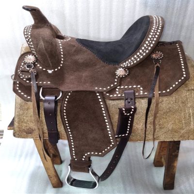 Western Youth Kids Child Adult Barrel Horse Roughout Leather Saddle Suede Seat Buckstitch Design 10" to 18" ME-WLS-289 (15" Seat)