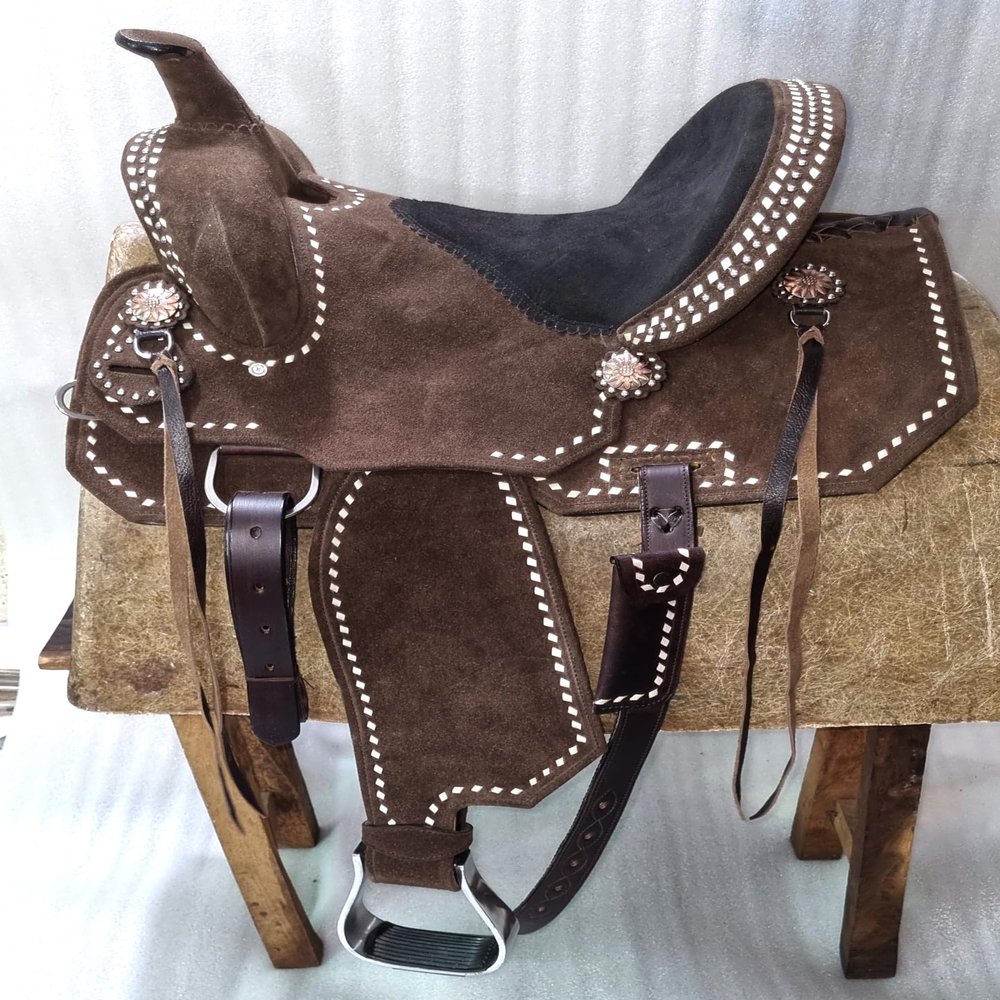 Western Youth Kids Child Adult Barrel Horse Roughout Leather Saddle Suede Seat Buckstitch Design 10" to 18" ME-WLS-289 (15" Seat)