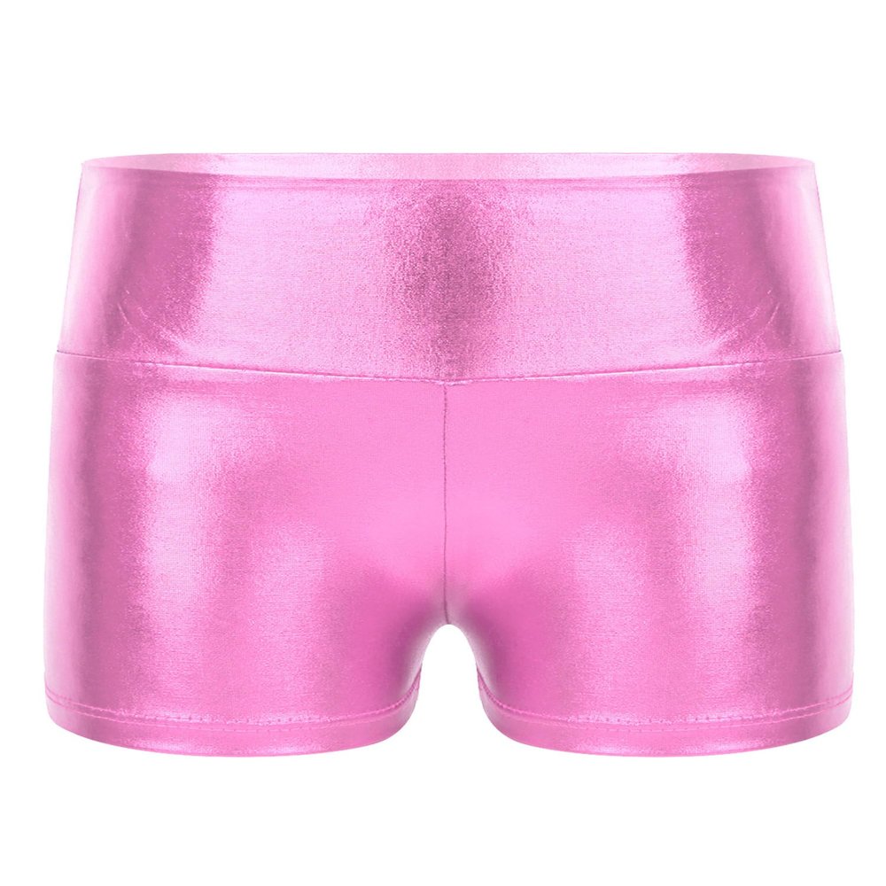 CHICTRY Kids Girls Metallic Shiny Stretch High Waisted Athletic Booty Dance Shorts Pink 10.-12