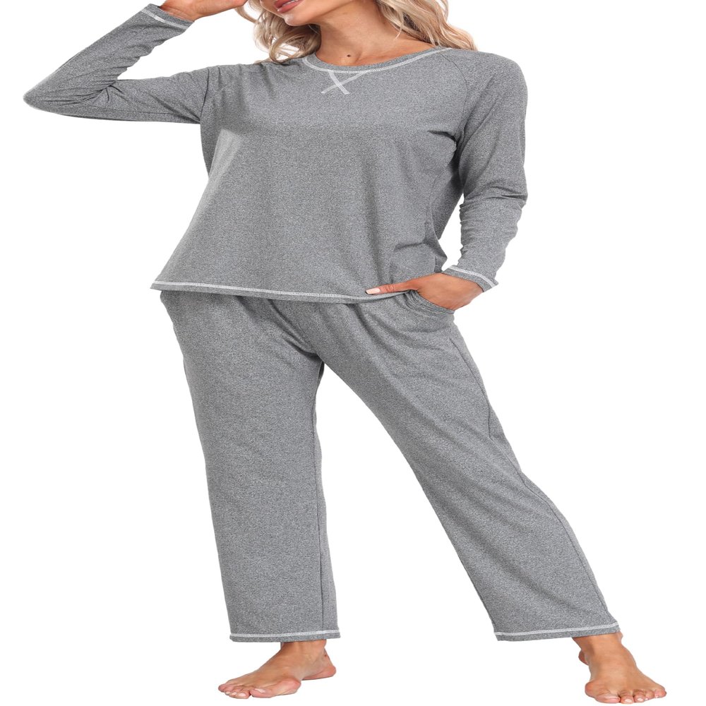 MoFiz Women's Pajamas Sets Long Sleeve Sleepwear 2 Piece Pjs Lightweight Lounge Set with Pockets Grey L