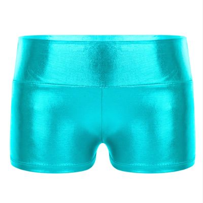 CHICTRY Kids Girls Metallic Shiny Stretch High Waisted Athletic Booty Dance Shorts Blue Green 15-16