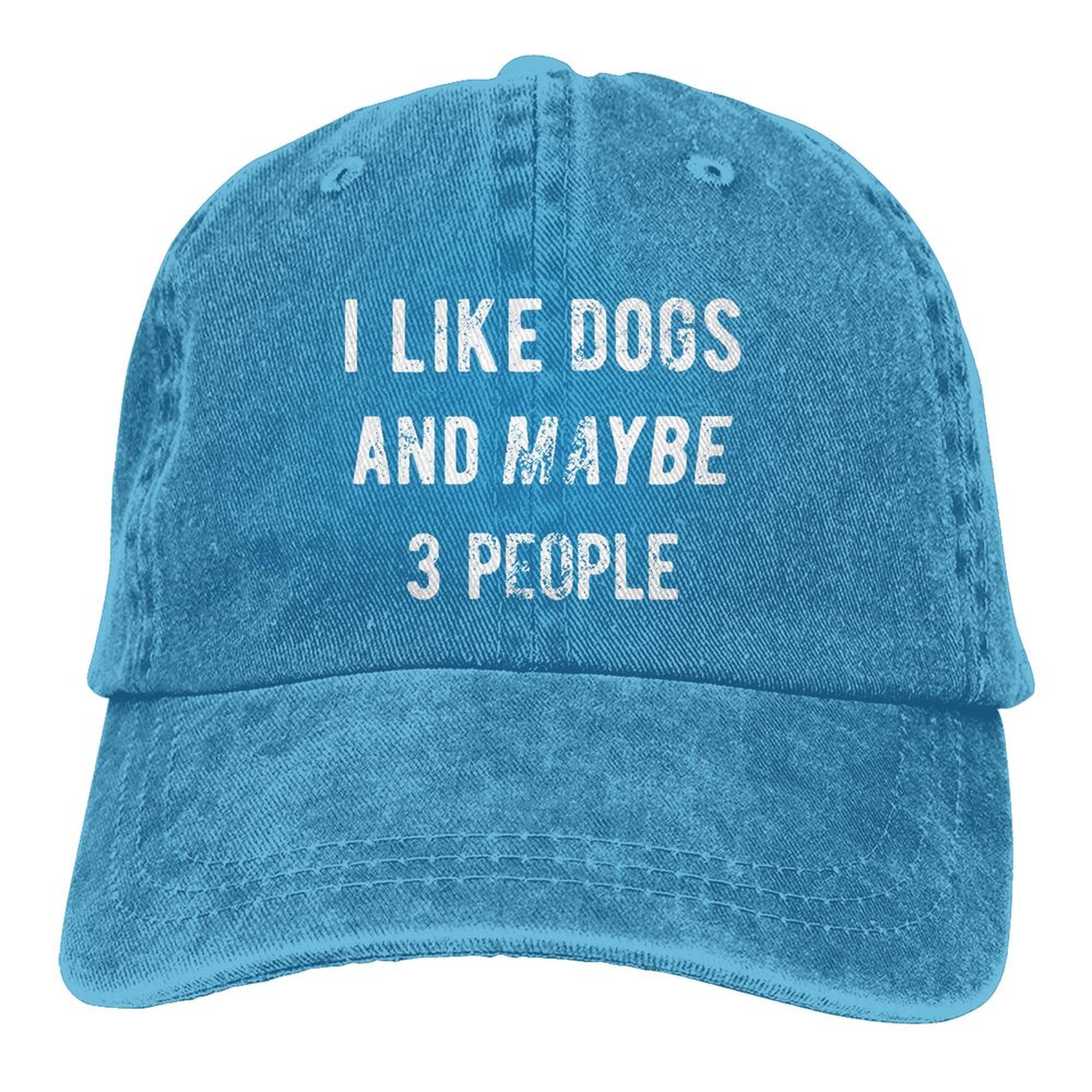 I Like Dogs and Maybe 3 People Unisex Adult Cowboy Hat Full Cotton Curved Brim Baseball Cap Blue