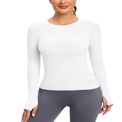 MathCat Seamless Workout Shirts for Women, Long Sleeve Workout Tops for Women, Yoga Sports Athletic Gym Tops White