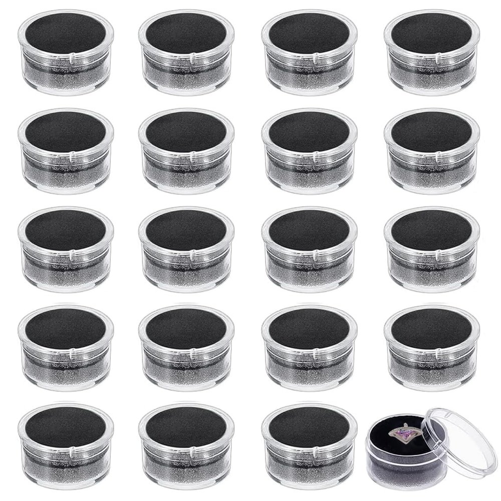 CHGCRAFT 20Pcs Black Mini Round Stone Box Plastic Nail Loose Beads Decorate Storages with Sponge Mat for Jewelry Beads Display Storage, 1.2x0.7Inch