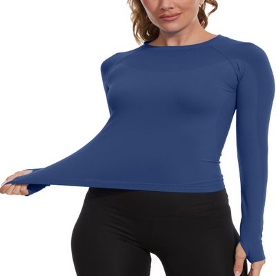 MathCat Seamless Workout Shirts for Women, Long Sleeve Workout Tops for Women, Yoga Sports Athletic Gym Tops Navy