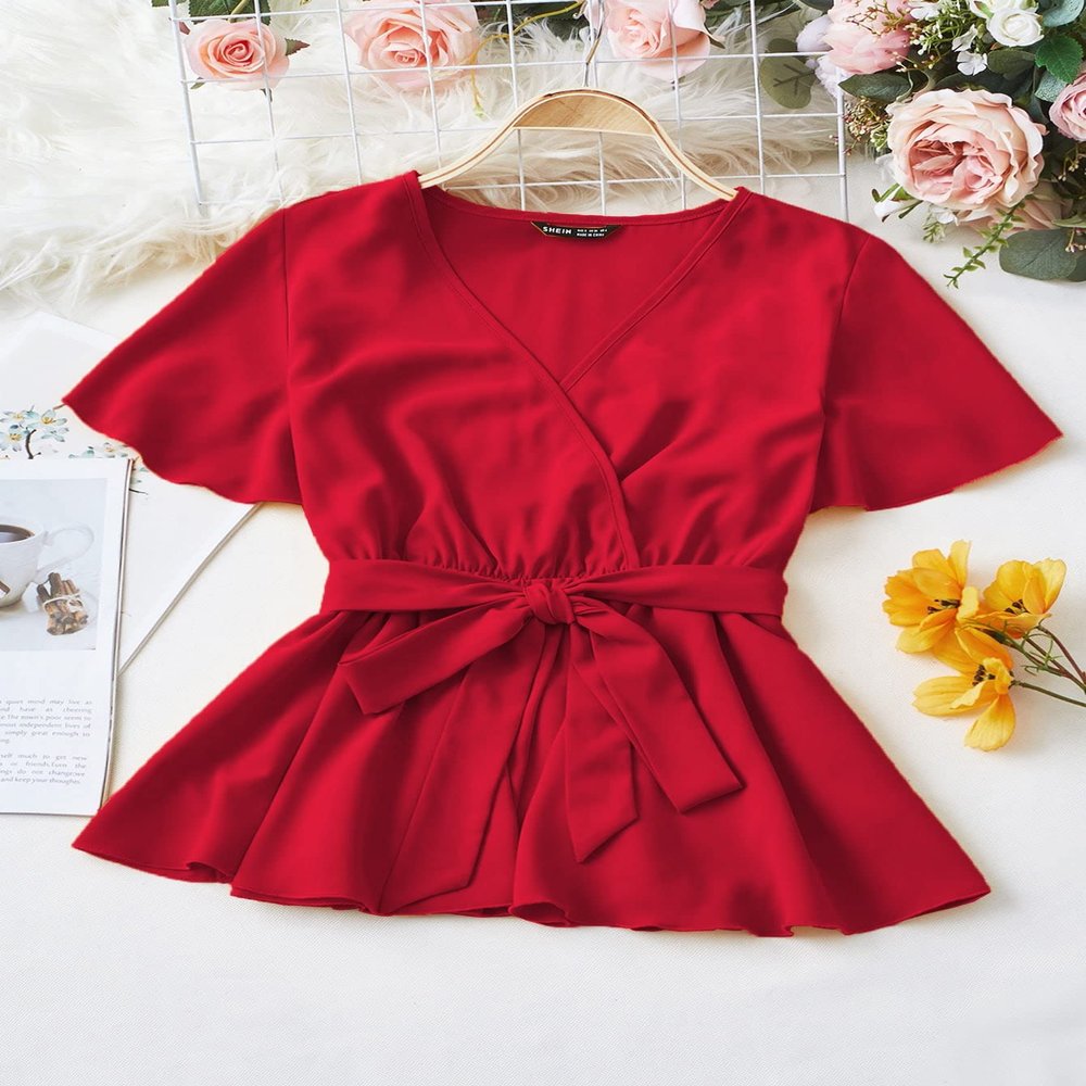 Womens Summer Tops Sexy Casual T Shirts for Women Solid Surplice Front Belted Peplum Blouse (Color : Red, Size : Large)