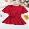 Womens Summer Tops Sexy Casual T Shirts for Women Solid Surplice Front Belted Peplum Blouse (Color : Red, Size : Large) view 1