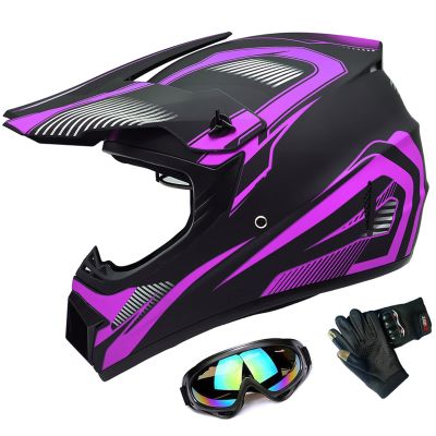 DOT Adult ATV MX Helmets, Four-Wheel Off-Road Motochross Helmets, Dirt Bike Helmets, Motorcycle&Powersports Helmets with Goggles Gloves (Medium, Purple)