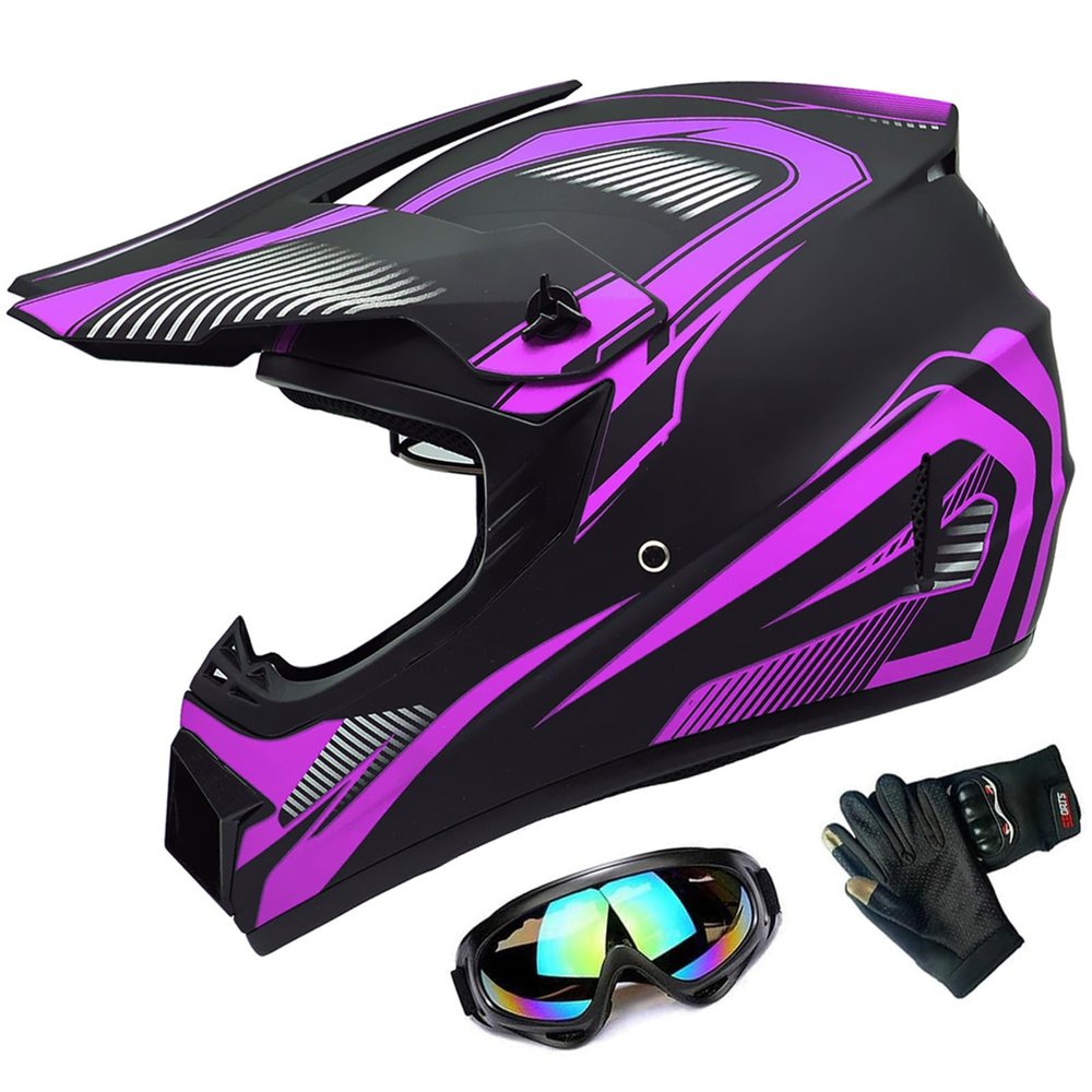DOT Adult ATV MX Helmets, Four-Wheel Off-Road Motochross Helmets, Dirt Bike Helmets, Motorcycle&Powersports Helmets with Goggles Gloves (Medium, Purple)