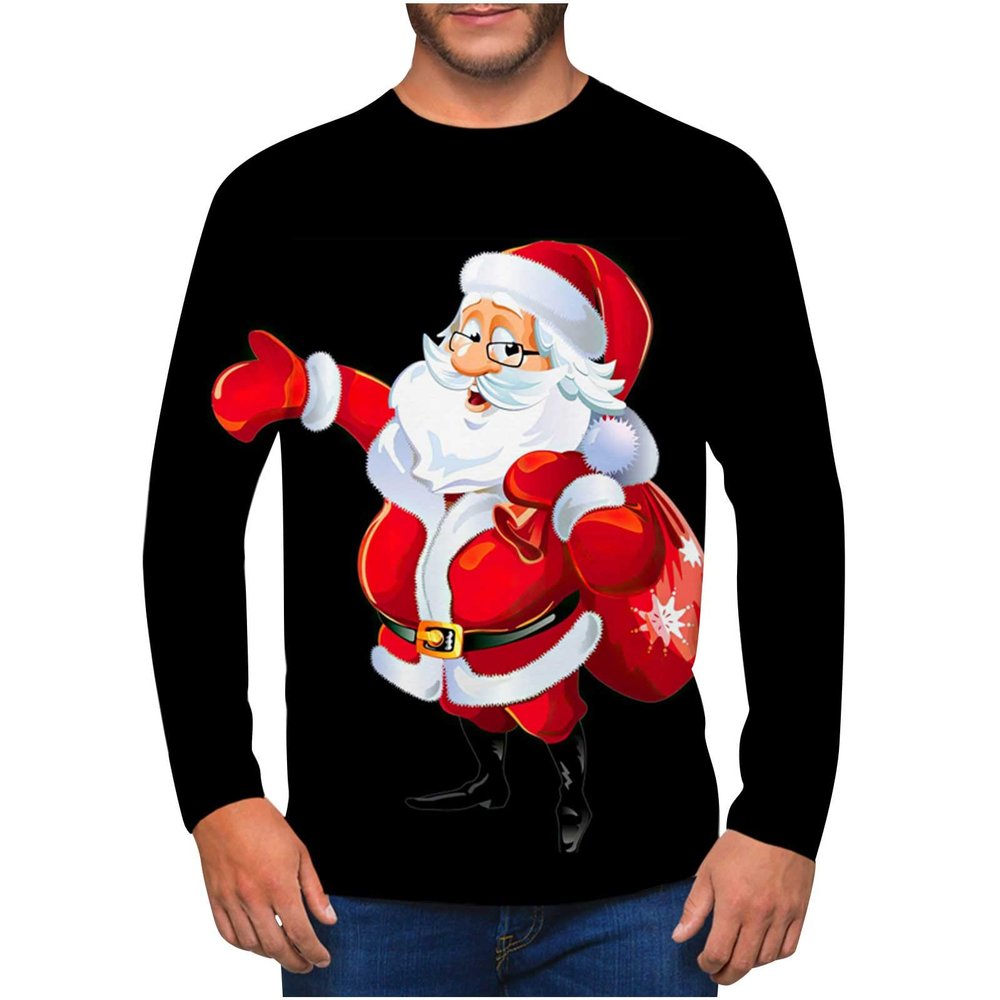 Mens Christmas Graphic Sweatshirts Xmas Santa Snowman Long Sleeve Crewneck T-Shirts Pullover Black