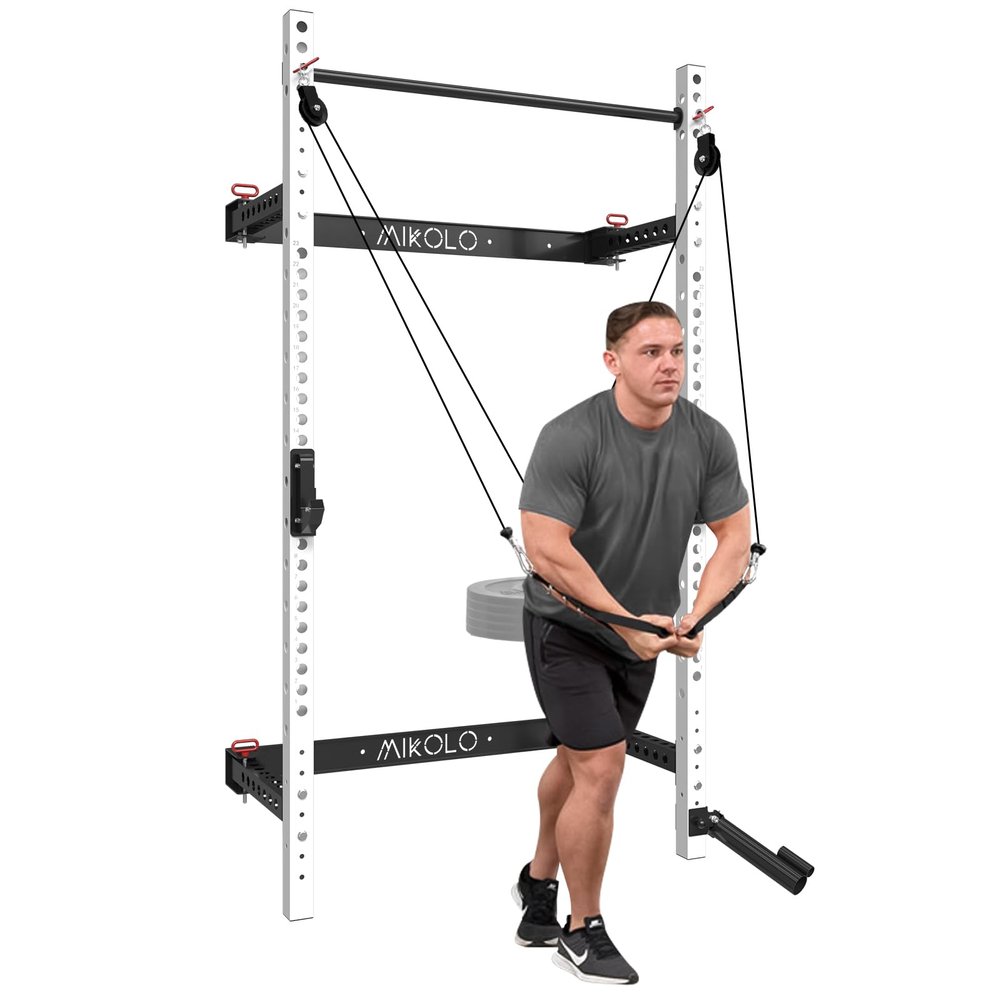 Mikolo Wall Mounted Squat Rack, Folding Power Rack with Lat Pulldown & Cable Crossover System, Power Cage with Pulley System and Training Attachments for Home Gym, Weight Capacity 1450LBS(White)