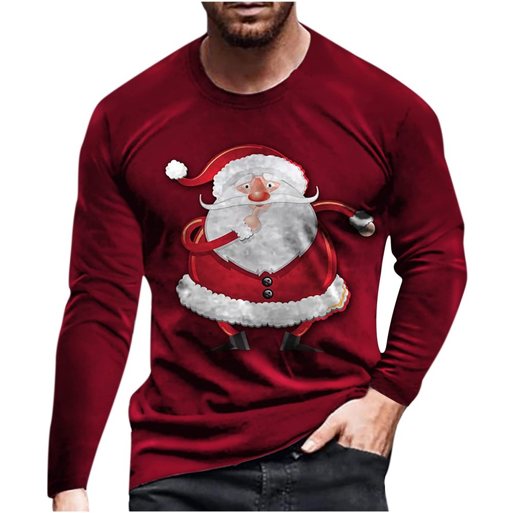 Christmas Long Sleeve T-Shirts, Men Women Funny Xmas Holiday Printed Tops, Vacation Christmas Shirt Crewneck Tees Wine