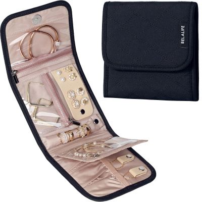BELALIFE Travel Jewelry Case Organizer, Small Foldable Storage Roll for Earrings, Necklaces, Rings, Bracelets, Brooches, Black