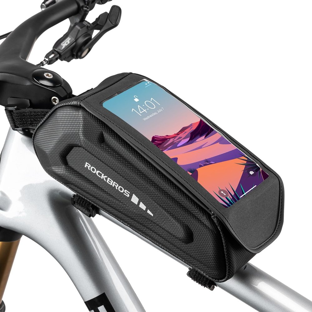 ROCKBROS Bike Bag Phone Mount Bag Bicycle Accessories Pouch, EVA Waterproof Bike Phone Holder Top Tube Front Frame Bag Handlebar Bags Compatible Phones Under 6.8