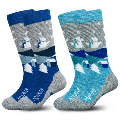 Hylaea Merino Wool Ski Socks Kids, Knee-high Warm Thermal Snowboard Skating Socks for Toddler Boys and Girls Grey Blue XX-Small