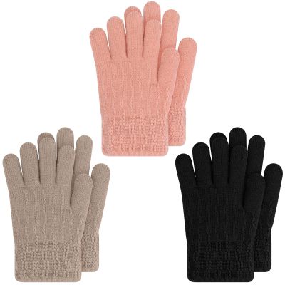 ORVINNER Kids Winter Gloves for Boys Girls, 3 Pairs Children Warm Wool Lined Gloves Toddler Thermal Knitted Mittens (Black/Light camel/Pink - Solid Color)