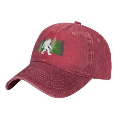 Sasquatch Bigfoot Trees Forest Baseball Cap, Funny Adjustable Washed Cotton Trucker Hats, Dad Hat for Men Father Daddy Papa Red