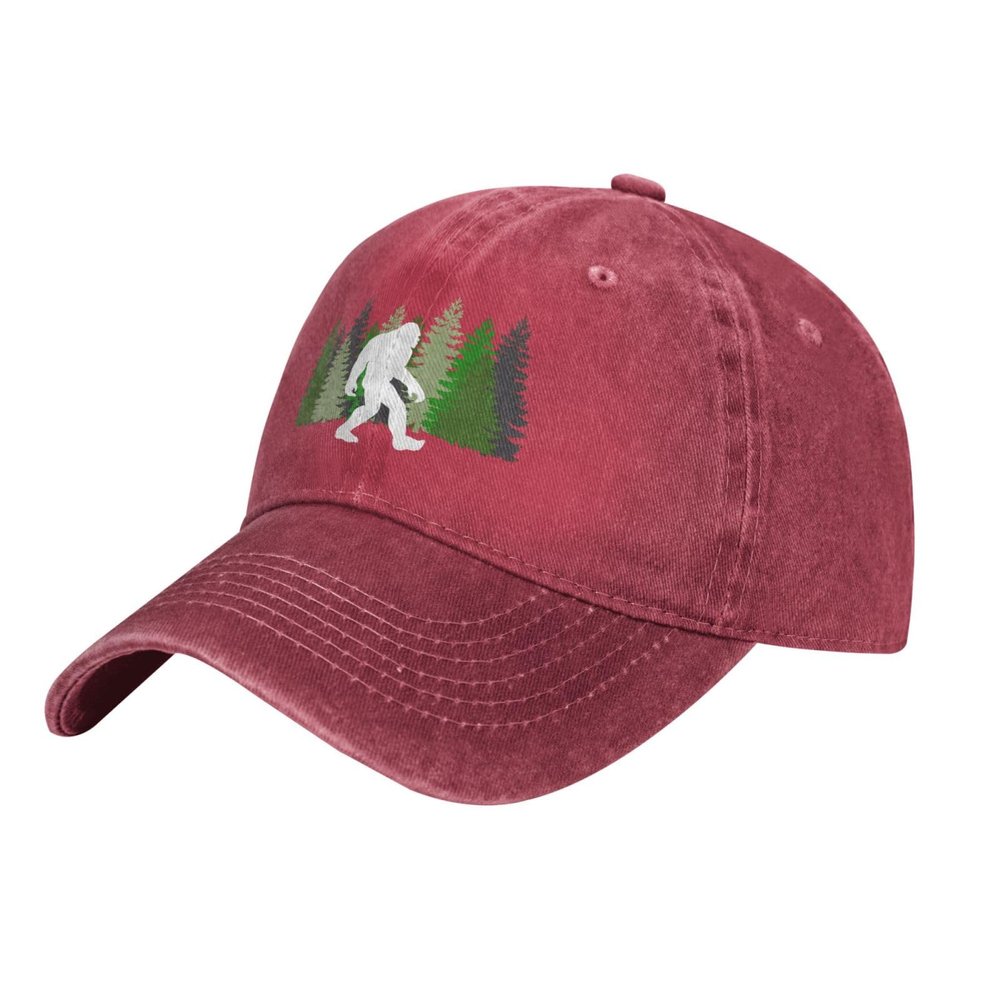 Sasquatch Bigfoot Trees Forest Baseball Cap, Funny Adjustable Washed Cotton Trucker Hats, Dad Hat for Men Father Daddy Papa Red