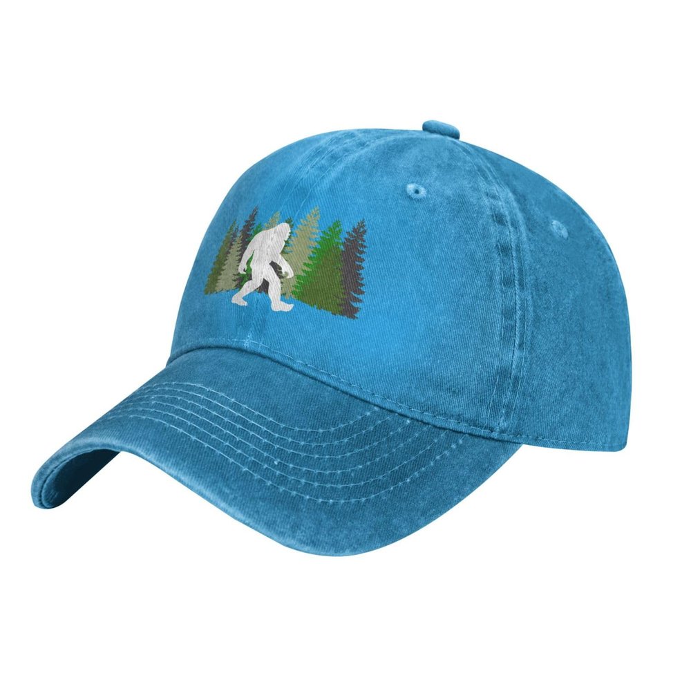 Sasquatch Bigfoot Trees Forest Baseball Cap, Funny Adjustable Washed Cotton Trucker Hats, Dad Hat for Men Father Daddy Papa Blue