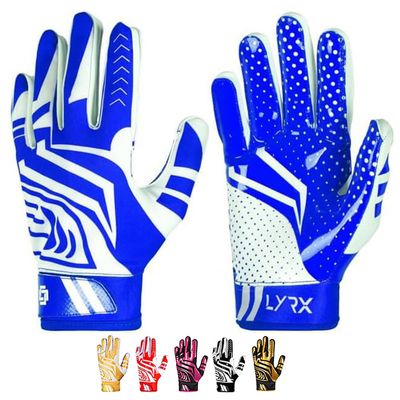 LYRX Professional Football Receiver Gloves with Optimal Silicone Palm Non-Slip Grip Control Ultra-Stick Sports Lightweight Glove and Precision Fit (Blue, Adult Large)