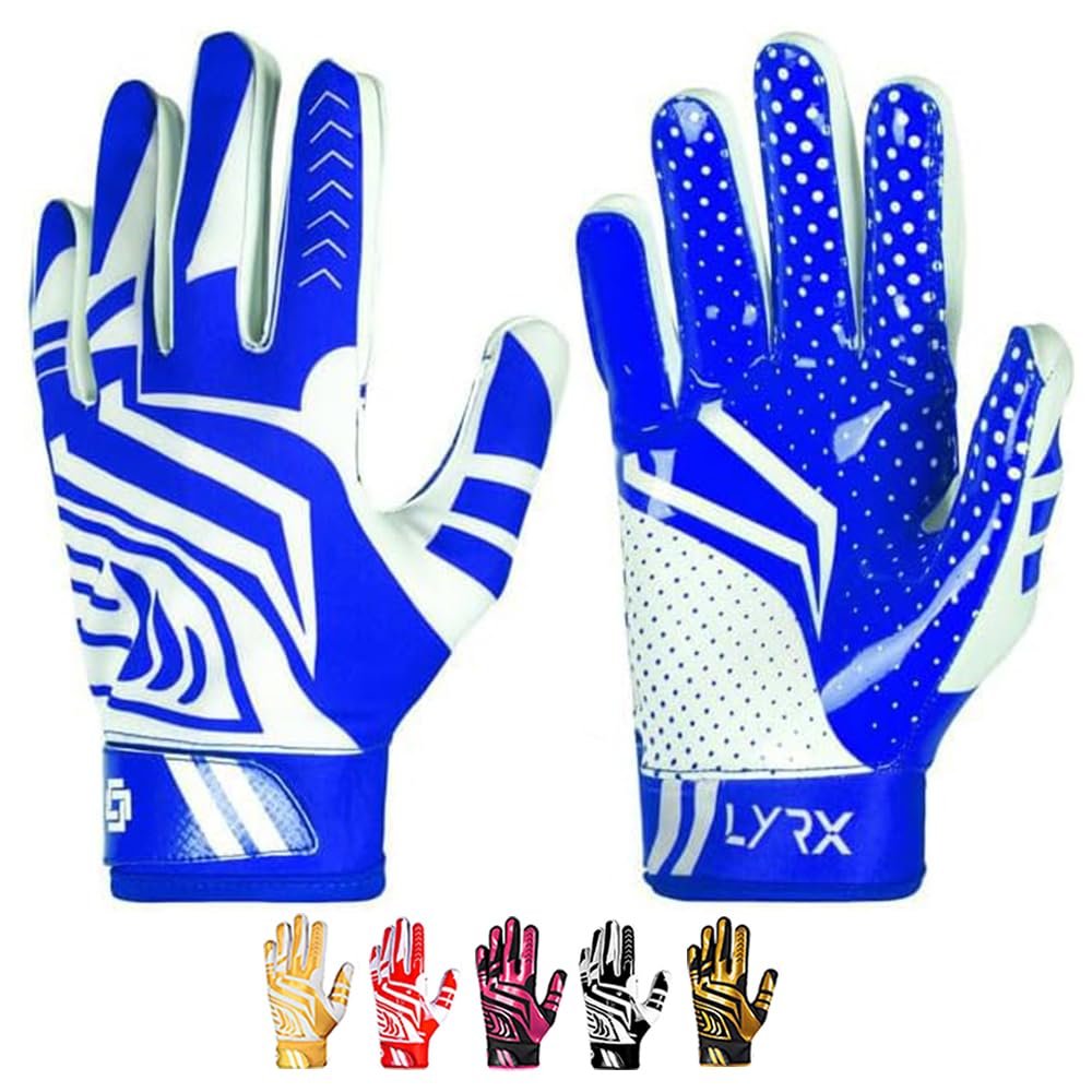 LYRX Professional Football Receiver Gloves with Optimal Silicone Palm Non-Slip Grip Control Ultra-Stick Sports Lightweight Glove and Precision Fit (Blue, Adult Large)