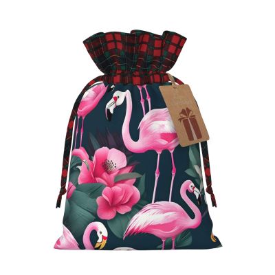 SSIMOO Flamingo Floral Printed Chic Drawstring Christmas Gift Bags,Patchwork Burlap Pull-String Bags,Reusable
