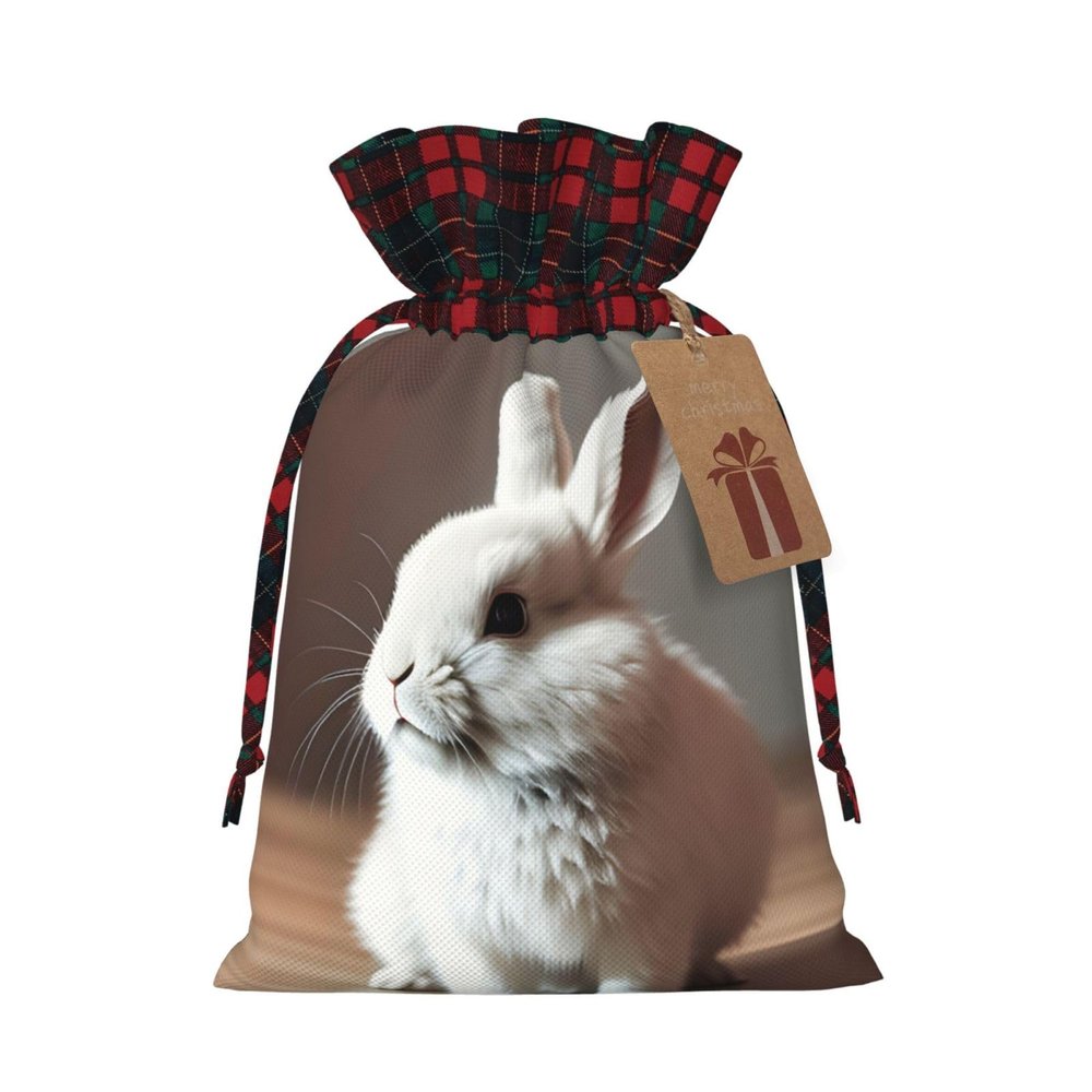 SSIMOO Cry White Rabbit Chic Drawstring Christmas Gift Bags,Patchwork Burlap Pull-String Bags,Reusable