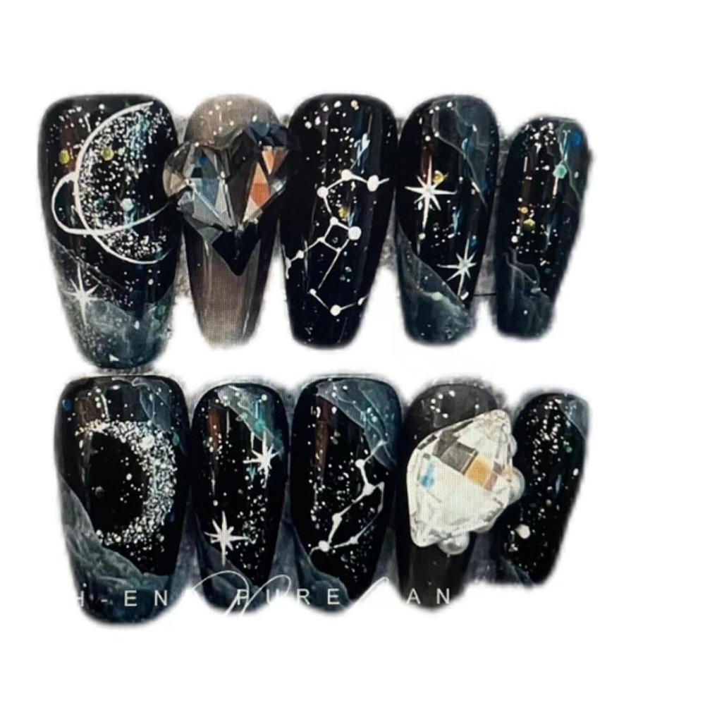 Hand-Worn Armor Flashing Black Night Sky Starry River Finished Sparkling Diamonds Love Heart Smudged White and Removable M