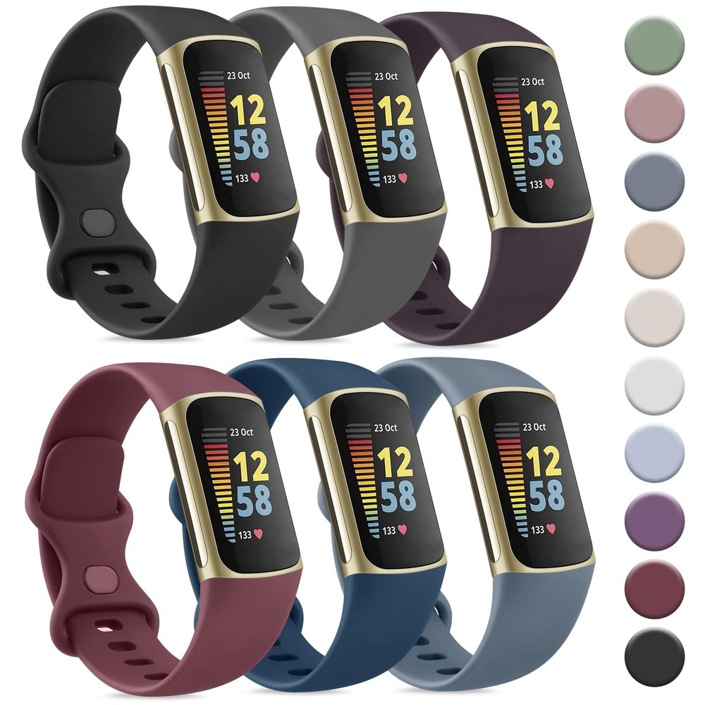 Tobfit 6 PACK Sport Bands Compatible with Fitbit Charge 5 Bands for Women Men, Soft Silicone Waterproof Straps Replacement Wristbands Compatible for Fitbit Charge 5 Watchband,Large, Black/Dark
