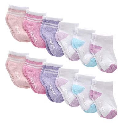 Hanes Baby and Toddler, Non-Slip Grip Ankle Socks, Boys' and Girls', Multipacks, White/Pink/Heather Pink/Purple-12 Pack, 12-24 Months
