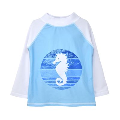 Flap Happy Baby Boy's UPF 50+ Graphic Rash Guard Swim Top, Seahorse Parade Blue