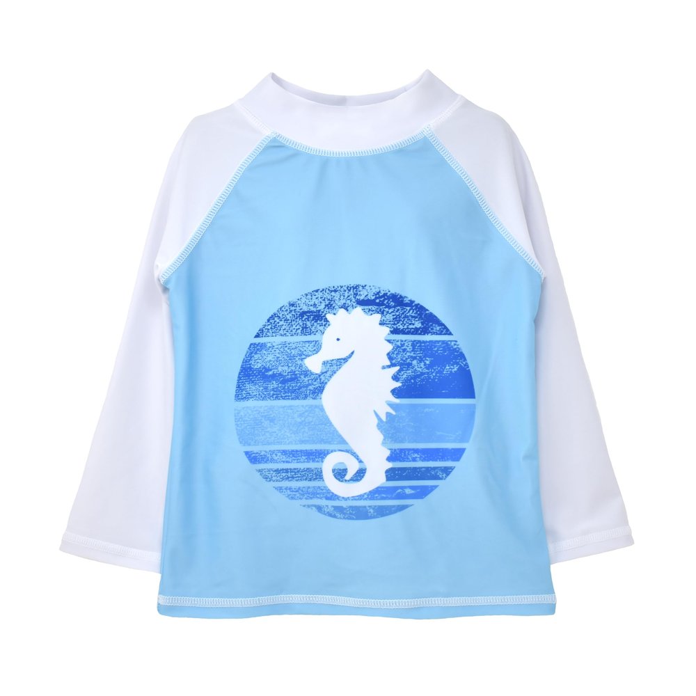 Flap Happy Baby Boy's UPF 50+ Graphic Rash Guard Swim Top, Seahorse Parade Blue