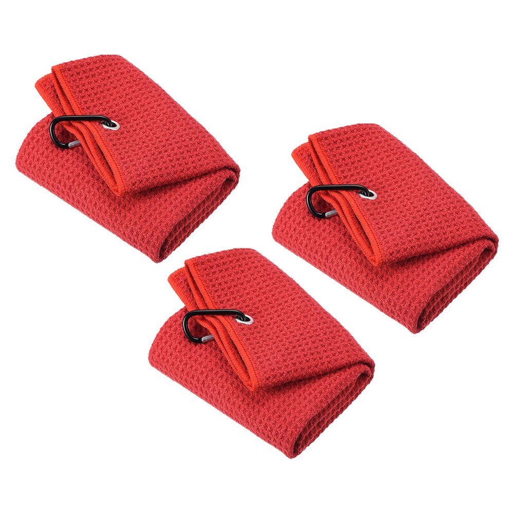 PATIKIL 16"x16" Tri-Fold Golf Towels, 3 Pack Waffle Pattern Towels Soft Fiber Strong Water Absorption with D Clip for Golf Lovers, Red