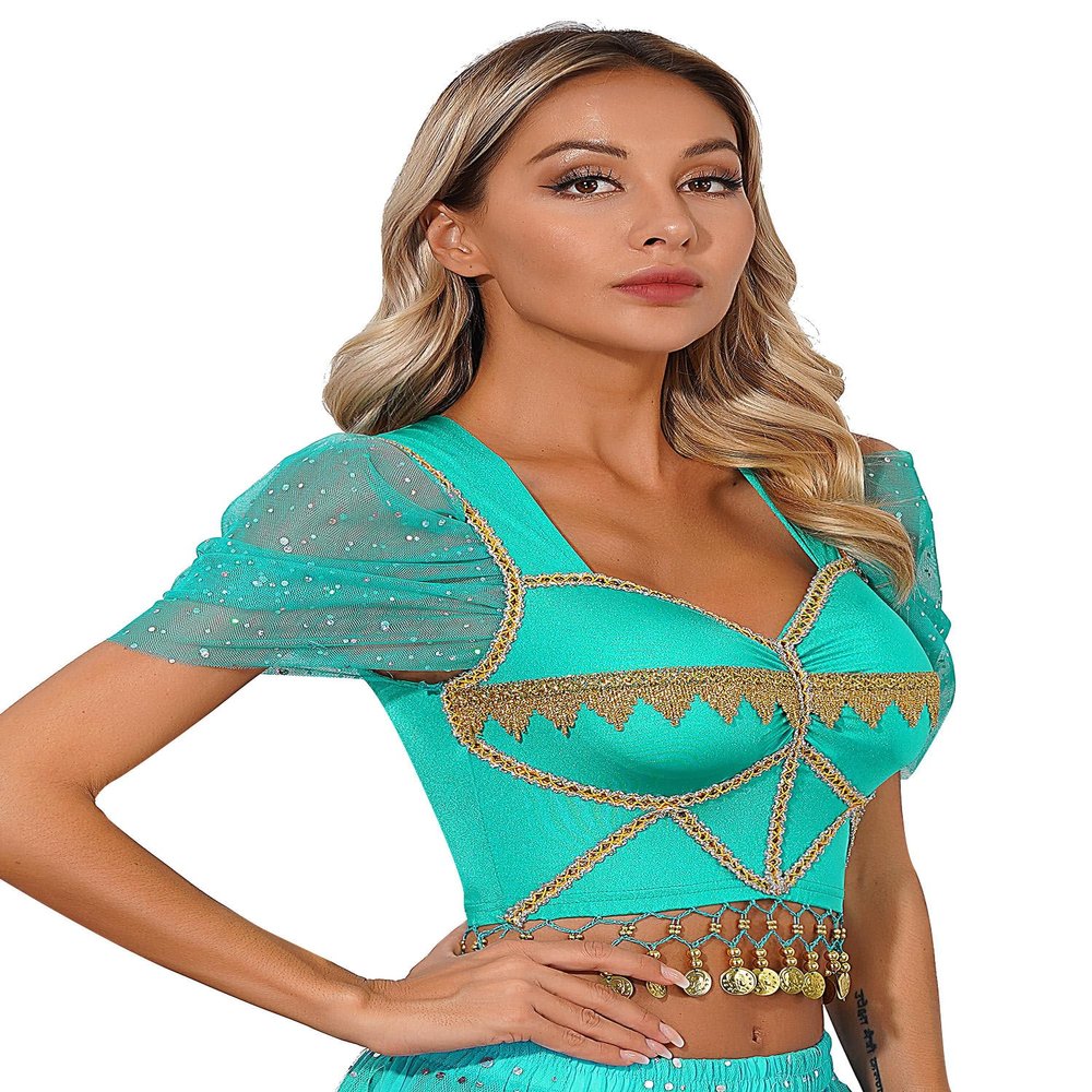 Miutii Womens Sequin Beaded Tassel Short Puff Sleeve Crop Top Glitter Tank Top Belly Dance Costume Teal X-Large