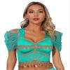 Miutii Womens Sequin Beaded Tassel Short Puff Sleeve Crop Top Glitter Tank Top Belly Dance Costume Teal X-Large view 2