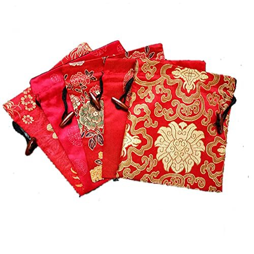 10 Pack Large Handwoven Masterpiece Brocade Bag 6x7" Opulent Decorative Drawstring Pouch Travel-Ready Silk Ornament for Gifting & Display Exquisite Chinese Craftsmanship Keepsake (red)