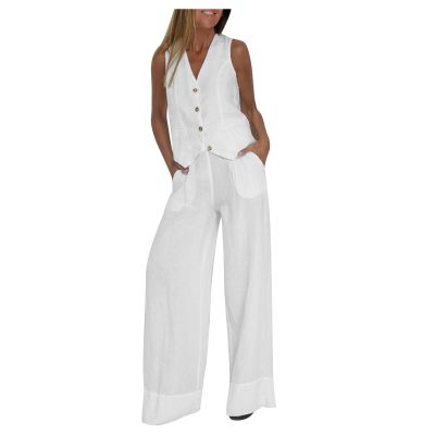 JOAU Women Outfit Sets Summer 2 Piece V Neck Button Casual Vest Sleeveless Top Loose Wide Leg Pants Casual Cotton Linen Set