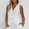 JOAU Women Outfit Sets Summer 2 Piece V Neck Button Casual Vest Sleeveless Top Loose Wide Leg Pants Casual Cotton Linen Set view 2