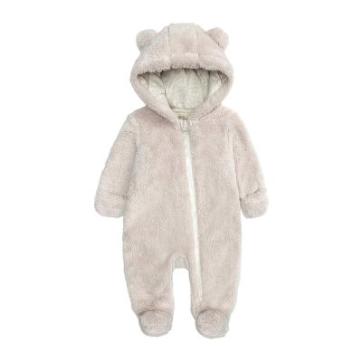 Newborn Baby Snowsuit Fleece Lined Bodysuit Outfits Warm Hooded Romper for Infant Boys Girls Footed (Beige, 3-6 Months)